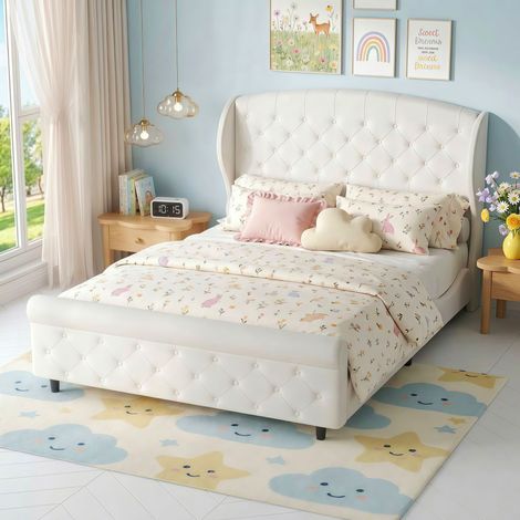 Lit Double 140x200 cm - Lit 2 Places 140x200 Velours, Cadre de Lit Tapissier Chic avec Tête de Lit Rembourrée et Boutonné, Sommier Inclus - Beige