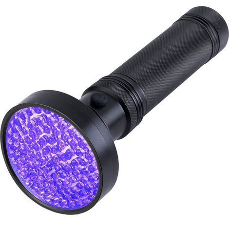 Lampe de poche UV professionnelle haute luminosité 100 LED Lampe de poche portable à lumière noire pour taches d'animaux Nettoyage des aliments Ustensiles Test Détection de devises Lampe de poche à lu (1/5)