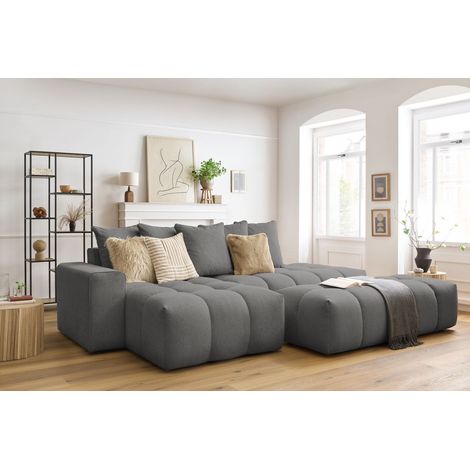 BOBOCHIC - Canapé d'angle fixe MONT-BLANC tissu avec pouf Angle gauche Gris foncé (1/5)