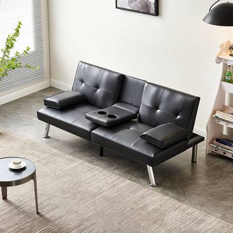 WestWood Faux Leather Manhattan Sofa Bed recliner 3 Seater Modern Luxury Design Furniture Double Cup Holder Black