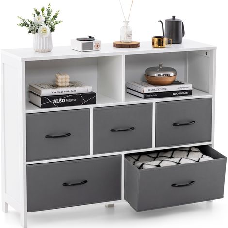 Commode blanche en tissu à 5 tiroirs avec structure métallique, plateau MDF et tiroirs pliables, pour chambre, salon et entrée (1/5)