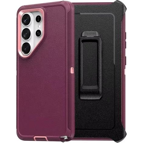 (Violet clair, Galaxy S25) Étui de protection robuste avec clip ceinture, matériau PC+TPU antichoc.