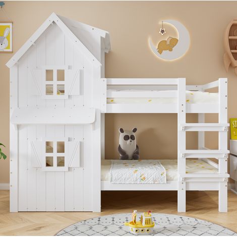 Kinder-Etagenbett 90x200 cm mit Fenstern, Dach, 3-stufiger Leiter, weiß HAVRYA (1/5)