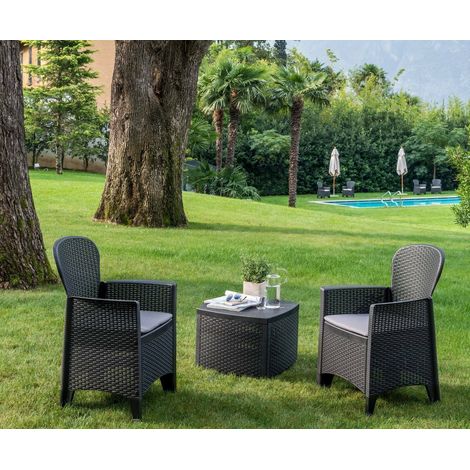 Dmora Salón de Jardín Napoli, Conjunto de jardín con 2 sillones y 1 mesa container, Zona de estar efecto Rattan, 100% Made in Italy, Antracita, con embalaje reforzado (1/4)