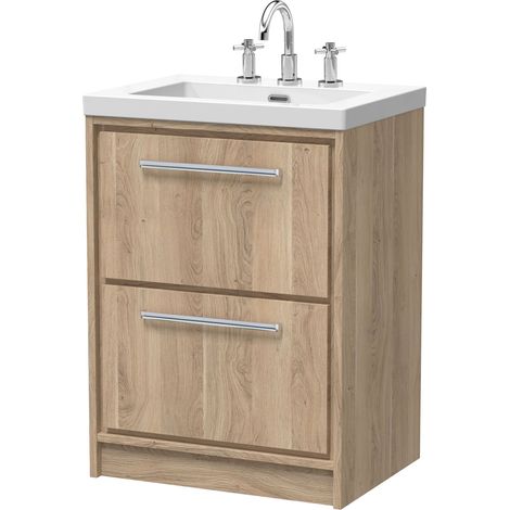 Longnor 2 Drawer Floor Standing Vanity Unit with 3 Tap Hole Modern Fireclay Basin, Light Oak, 600mm