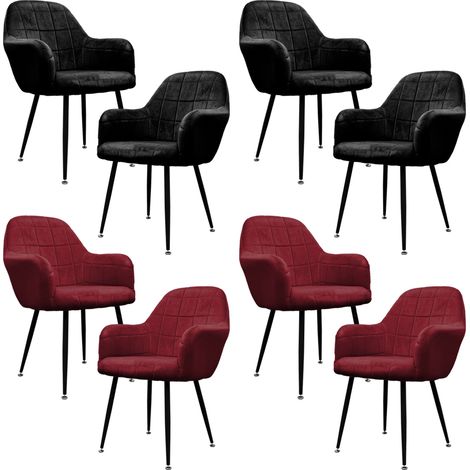 ECD Germany Set 8x Sedie da Pranzo Nero e Bordeaux Poltrone Imbottite in Velluto Stile Design Retro Vintage Scandinavo Gambe Piedini in Metallo Regolabili per Sala da Pranzo Soggiorno Cucina o Ufficio