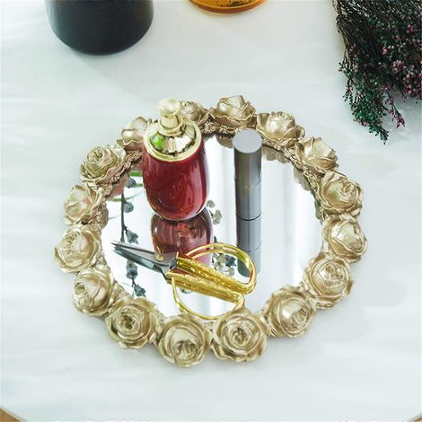 Organisateur de bijoux de bureau en résine avec miroir en relief rose et compartiment cosmétique (1/4)