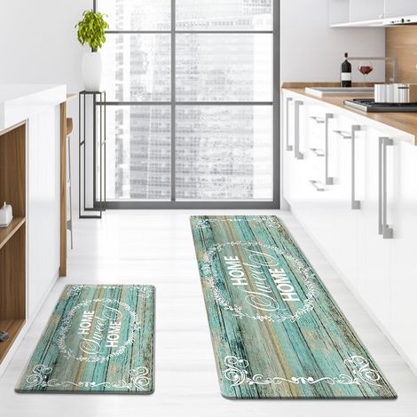 New PU leather kitchen mat, waterproof, oil-proof, stain-resistant, non-slip, suitable for home use, entryway, and front door mats - Antique blue wood grain - 44751.0cm