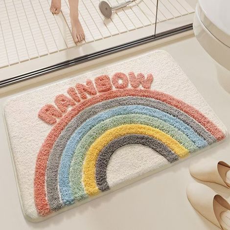 Tapis de bain antidérapant et absorbant – Tapis d’entrée lavable en fausse fourrure pour salle de bains, cuisine ou entrée – Dimensions 40 x 60 cm – Motif arc-en-ciel – Idéal pour sols carrelés ou lis