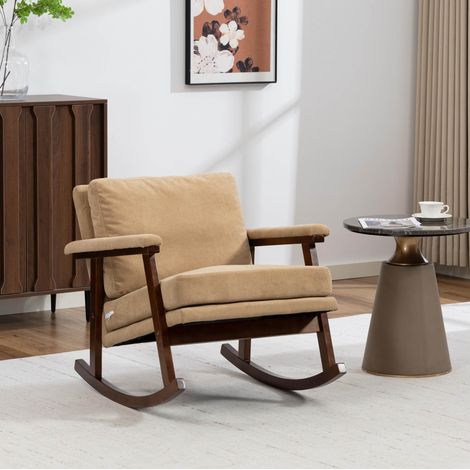 Poltrona a dondolo moderna in velluto marrone chiaro con struttura in legno e cuscino lombare (1/5)