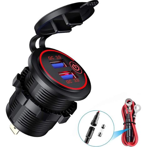 AIDUCHO Chargeur Usb Qc 3.0 Pour Moto, Prise Usb De Voiture Étanche 12 V/24 V Avec Interrupteur Et Led, Pour Voitures, Motos, Bus, Remorques, Bateaux Rouge (1/5)