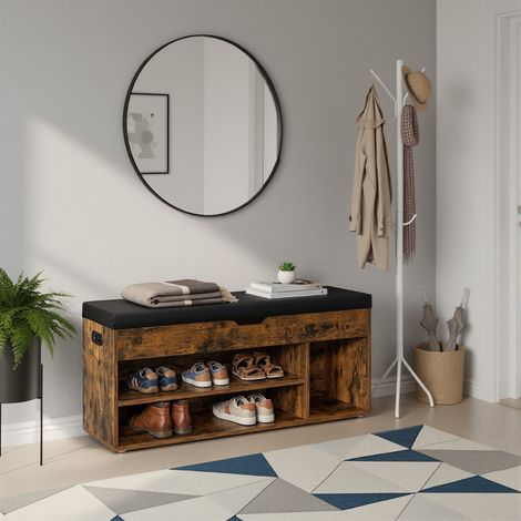 Banc à Chaussures Rembourré, 3 Compartiments, Capacité de Charge 150 kg, Rangement Caché, Étagères, pour Chambre, Salon, Entrée, Marron Rustique (1/5)