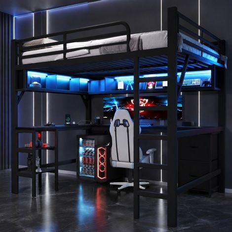 Lit mezzanine 140x200 cm en métal noir avec bureau, pour petit studio, sans matelas – MEUBLIV (1/5)