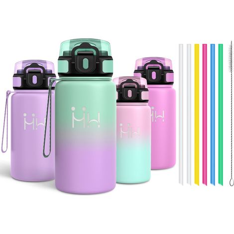 Gourde Inox 500ml, Gourde Isotherme avec six Pailles et 1 Brosse à épong, Étanche et sans BPA, Double Paroi Isolante, Bouteille D'eau - Bleu-vert (1/5)