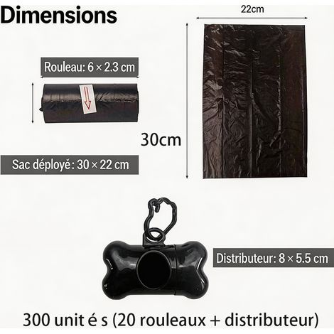 Distributeur de sacs à crottes + 20 rouleaux (300 pièces), déchirage facile, accessoire pour promenade et extérieur (1/5)
