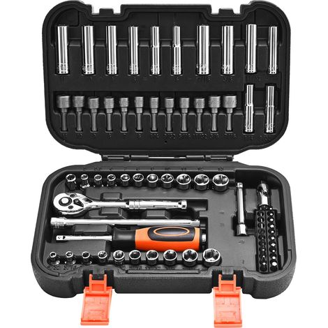 VEVOR Set di Bussole, 70 Pezzi, Set di Bussole e Cricchetti da 6,4 mm, SAE e Metriche, Profonde e Poco Profonde, con Punte, Accessori e Custodia, Acciaio Legato CR-V, per Riparazioni Auto (1/5)