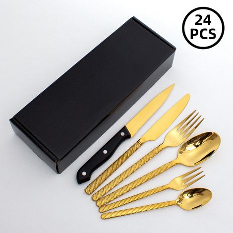 (Ensemble de 24 pièces - doré) Ensemble de couverts en acier inoxydable 304 (couteau, fourchette, cuillère)