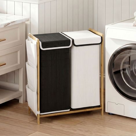 Panier à Linge 2 Compartiments 120L avec Couvercles, Poches Latérales, Sacs Amovibles pour Chambre (1/5)