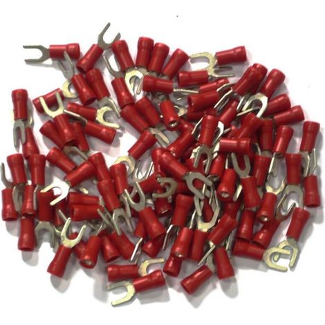 Terminales eléctricos aislados de crimpado, en forma de horquilla, rojos, de 4 vías, paquete de 100 unidades.