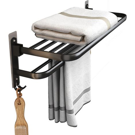 Toallero plegable de 90° para baño, soporte de pared para toallas, barra para toallas sin taladrar, toallero de 2 niveles con estante. (1/5)