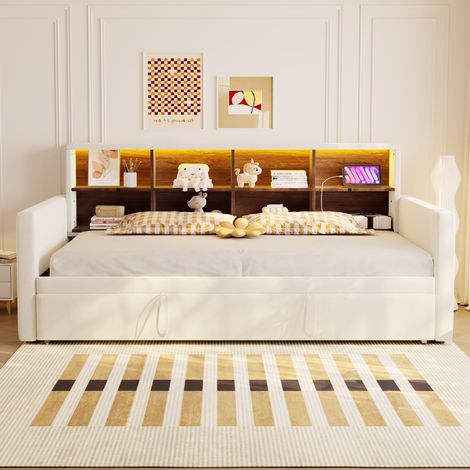 Canapé convertible matelassé 90x190, dossier avec espaces de stockage intégrés, éclairage LED et ports USB, lit d'appoint escamotable, housse en velours, teinte sable (1/5)