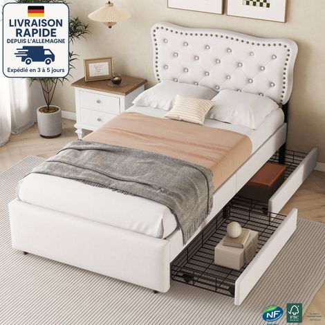 Lit enfant 90x200cm avec 2 tiroirs, MDF, lit simple, design rivet, sans matelas, beige clair (1/5)