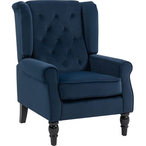 Fauteuil de salon capitonné - HOMCOM - avec assise large, pieds en bois, style classique - grand confort - 74 x 86 x 102 cm - bleu