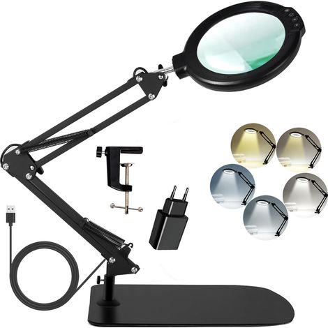 Loupe 12 x avec lumière et support, loupe de 5,2" avec 5 modes de couleur, 10 niveaux de luminosité variable, lampe de bureau 2 en 1 avec pince, loupe de lecture mains libres, pour travaux étroits, (1/5)