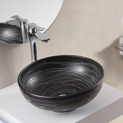 Rue Du Bain – Vasque à poser ronde en céramique noire rainurée – Diamètre 40,5 cm – Hauteur 15 cm – Sans trop plein pour installation facile (1/2)