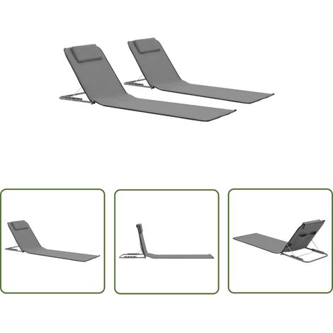 Tapis de plage - vidaXL Tapis de plage pliables 2 pcs Acier et tissu Gris - Chaise longue avec dossier (1/5)
