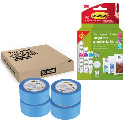 Pack Command™ & ScotchBlue™ : Languettes accroche-tableaux sans trace et Ruban de masquage multi-surfaces intérieur extérieur (1/3)