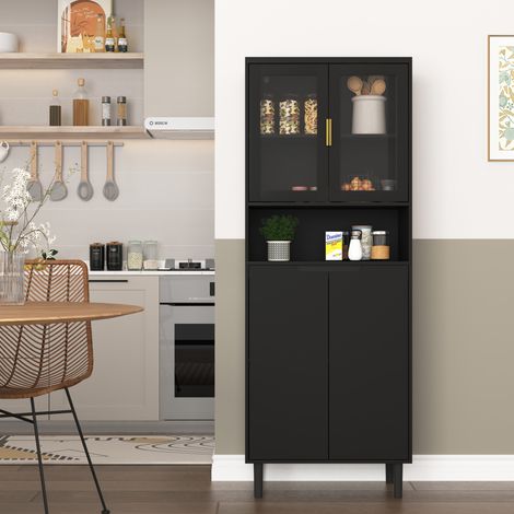 Credenza alta in MDF nero con 4 ante, 2 ante in vetro temperato e ripiano regolabile, mobile contenitore multiuso
