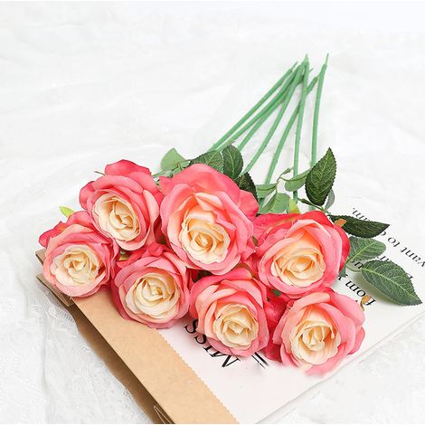 5pcs Fleurs Artificielles Roses Couleurs Vives Décoratives en Soie Durable Rose Jaune (1/5)