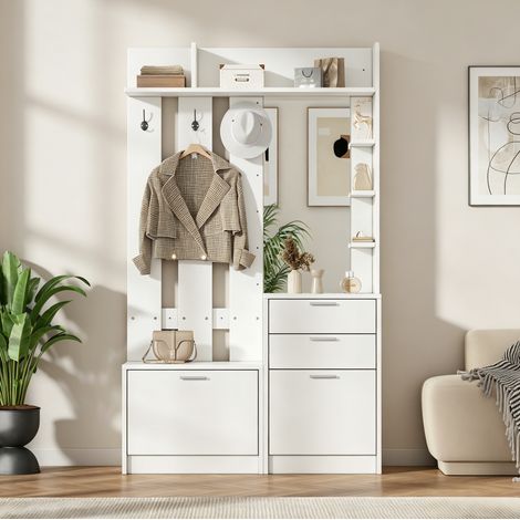 Mueble recibidor multifuncional 110x34x185 cm con espejo, 2 cajones, zapatero abatible, MDF blanco (1/5)