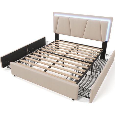 Lit capitonné 160x200 cm beige avec LED, 4 tiroirs et tête de lit réglable HOMVRA (1/5)
