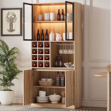 Badezimmerschrank vitrine avec portes vitrées, LED, porte-verres, 180 cm, MDF naturel (1/5)