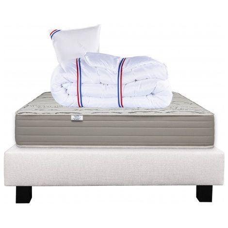 Ensemble Matelas Organic Cotton, 24 cm, mousses haute densité, ferme, face été/hiver + sommier beige ep20cm + oreiller + couette, 90x190cm (1/5)