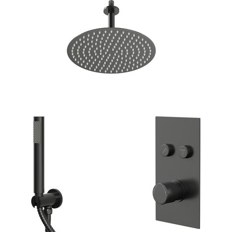 Colore Round Gunmetal Grey Push Button Diverter Concealed Thermostatic Shower Valve and 300mm Fixed Head with 150mm Ceiling Arm and Outlet Holder with Kit - 2 Outlet (1/5)