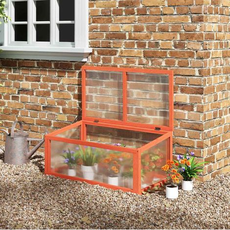 Mini serre de jardin en bois orange avec toit ouvrant et panneaux en polycarbonate, idéale pour semis et jeunes plantes d’extérieur  CHICFURN (1/5)