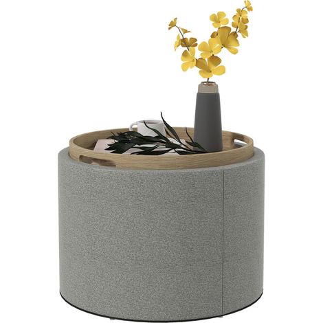 Pour salon et séjour : Repose-pieds tabouret avec coffre de rangement caché, assise d'appoint et plateau amovible gris (1/5)