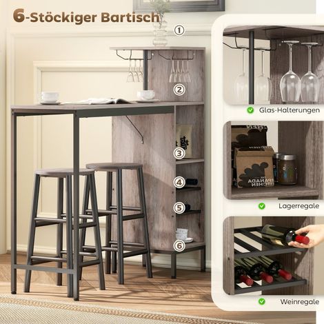 3 pièces. Ensemble de table de bar avec rangement,portants à vin,porte-verres,reposepieds avec repose-pieds,pour petits espaces,gris (1/5)