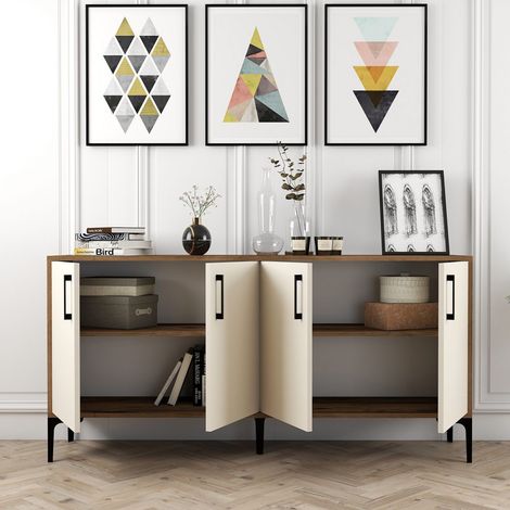 Sinopoli Sideboard, Schrank 2 Regale, 4 Türen, 4 Fächer, 160x35x78h cm Weiß Creme (1/5)