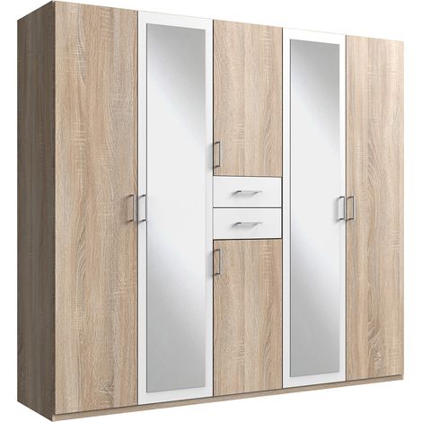Armoire Placard, meuble de rangement avec 2 miroirs coloris Imitation chêne, blanc - Longueur 225 x Hauteur 208 x Profondeur 58 cm (1/3)