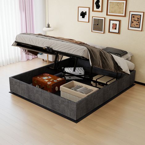 Estructura de cama moderna y elegante, 160 x 200 cm, gris, tapizada en terciopelo holandés, con sistema de elevación a gas, mueble de dormitorio moderno, cabecero y colchón no incluidos. (1/5)