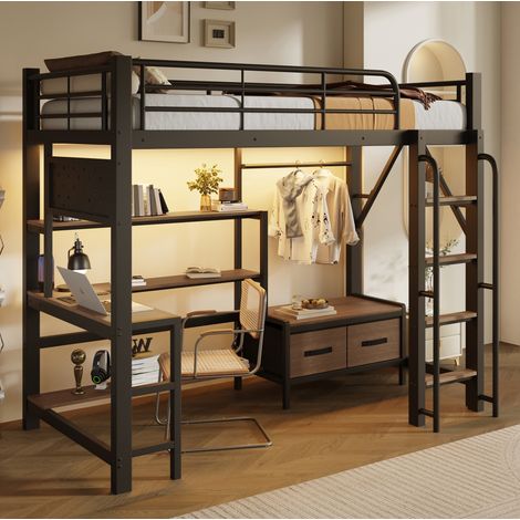 Cama alta 90/200 cm negra con escritorio, LED, USB y almacenaje (1/5)