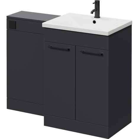 Napoli 460 Gloss Grey 1100mm 2 Door Vanity Unit Toilet Suite with Glide Basin - 1100mm - Matt Black 160mm HandleWithout Kingston Toilet Pan