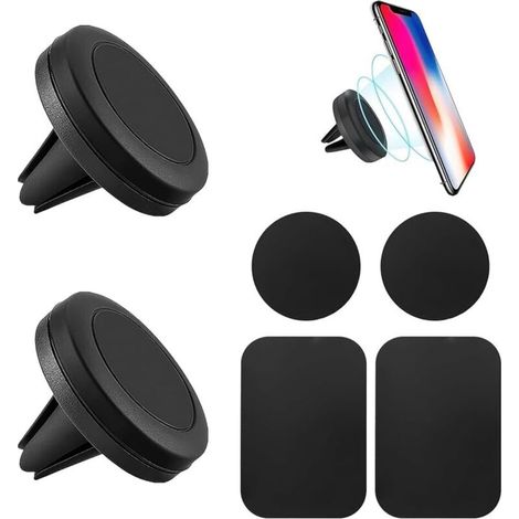 Support de téléphone magnétique pour voiture 2 pièces, support de téléphone magnétique rotatif à 360 degrés, installation sécurisée, s'adapte au tableau de bord et au ventilateur