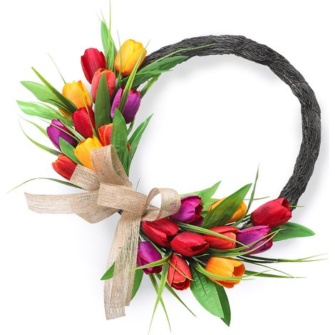 Künstlicher Blumenkranz 40 cm, Frühlings- und Sommerkranz, Türdekoration für drinnen und draußen, orange, rot, lila, Kunststoffring (1/5)