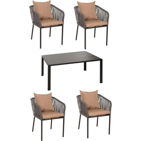 Salon de jardin HWC-N41, table+4xchaises, résistant aux intempéries alu 140x80cm, corde tressée Rope - anthracite Coussi (1/5)