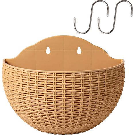 Halbrunder Wandpflanzkübel aus khakifarbenem Kunstrattan mit doppeltem Bewässerungssystem für Sukkulenten, für drinnen und draußen, Balkon, 21 cm (1/5)